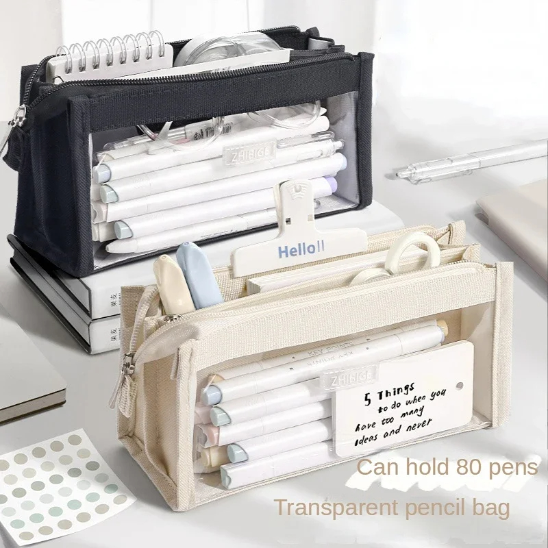 Aesthetic Large Pencil Case Pouch - 大容量の鉛筆バッグ、美的ペン文房具用品、女子高生用の透明なジッパーポーチ、6層