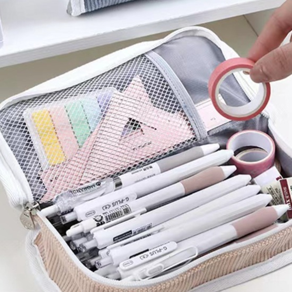Aesthetic Large Pencil Case Pouch - ピンクブルーグレーイン文具バッグデスクトップ収納大容量韓国スタイル鉛筆ケース美的多機能鉛筆ポーチ