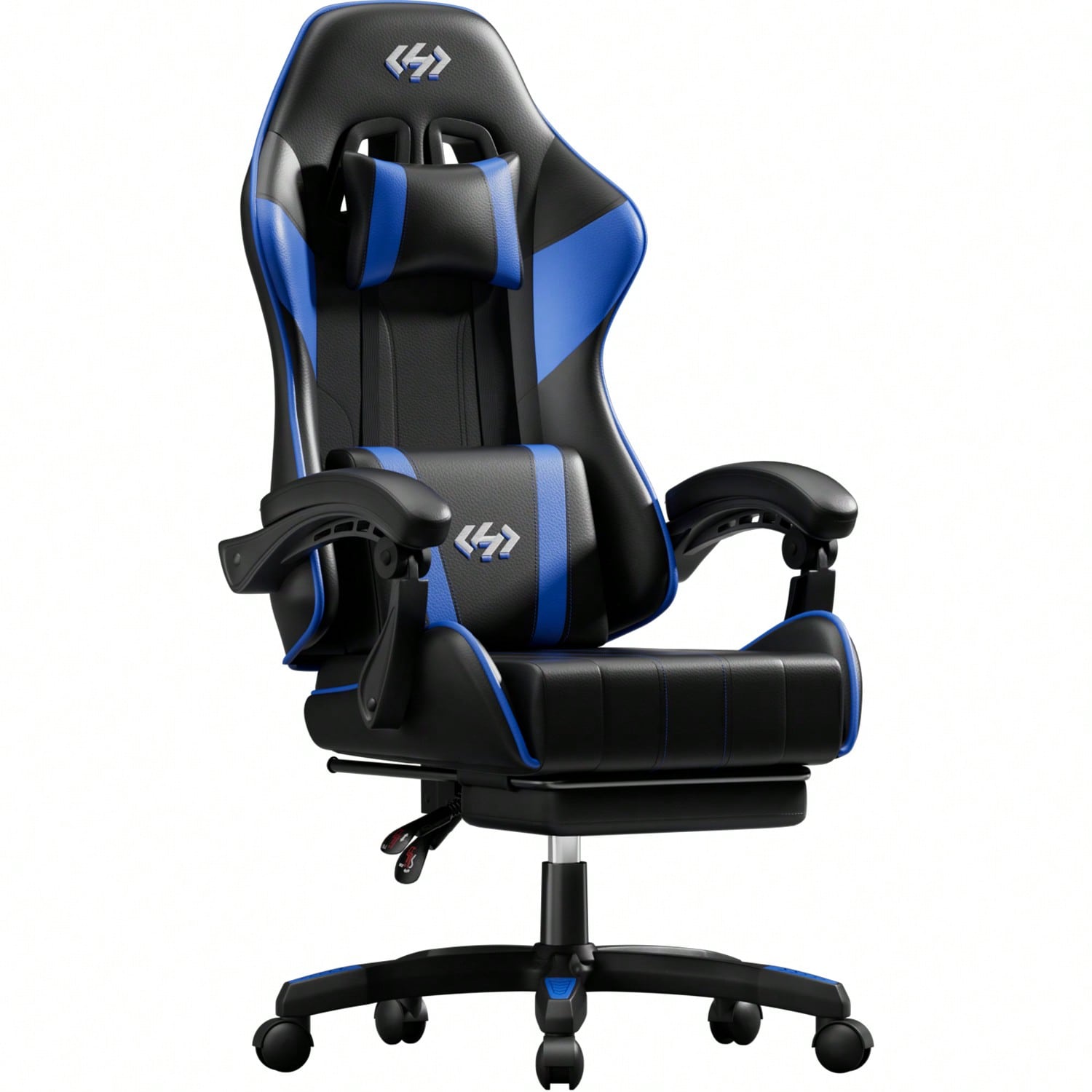 Office Furniture - HLDIRECTゲーミングチェア、人間工学に基づいたコンピューターオフィスチェア、ランバーサポート、フットレスト、ヘッドレスト付き、高さと背もたれの角度調整可能、ビデオゲーマーチェア、PUレザー、360度回転 ° スイベル、大人用、黒と青