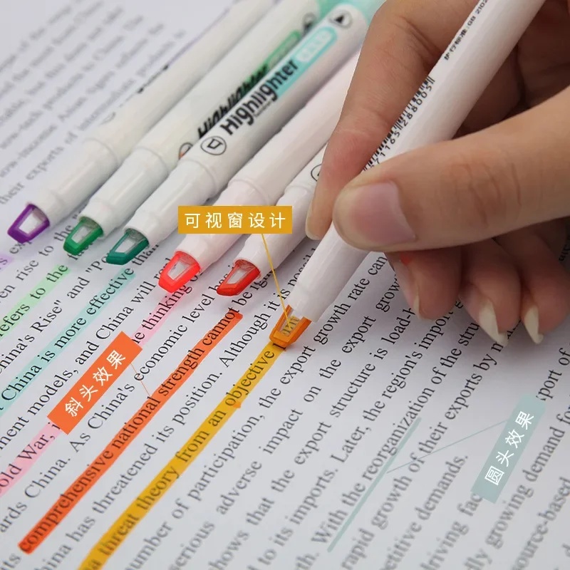 Pastel Highlighter Set Double Ended - 6色セット ユニークな窓付きチップ ハイライターペン ダブルヘッド パステルカラー ミッドライン
