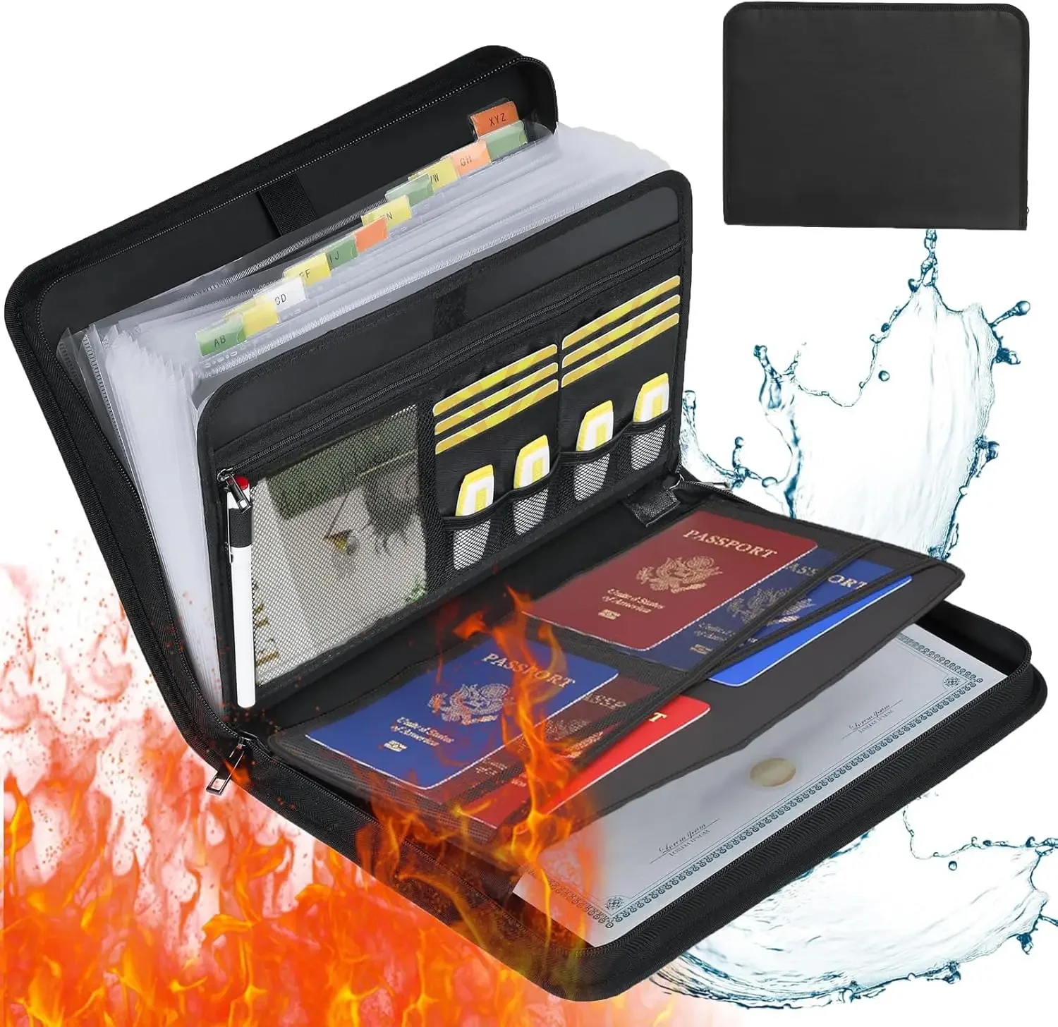 Expandable Accordion File Folder 13 Pockets - 耐火・防水拡張ファイルフォルダー 13ポケット アコーディオン式ドキュメントオーガナイザー ハンドルとラベル付き ポータブル 耐熱