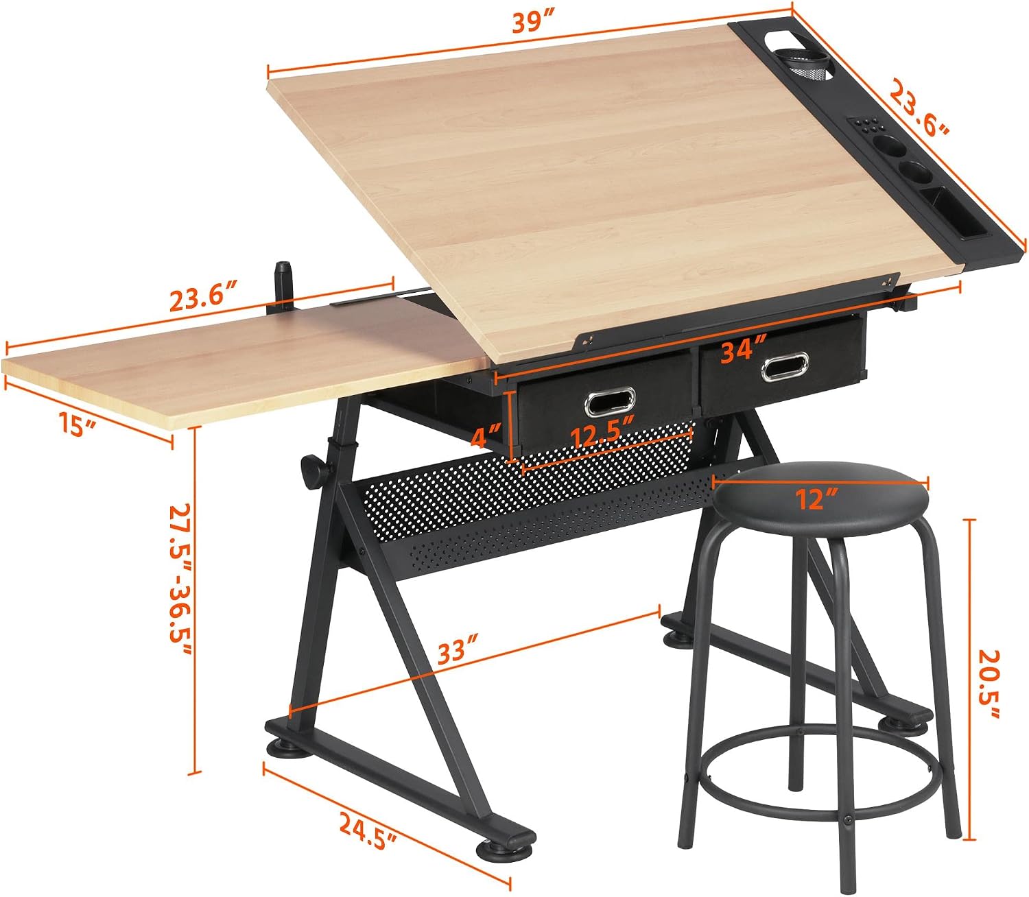 調整可能な製図台アートデスク（お揃いのスツール付き）、傾斜式 - Office Furniture のレビューと価格