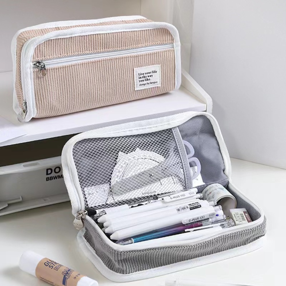ピンクブルーグレーイン文具バッグデスクトップ収納大容量韓国ス - Aesthetic Large Pencil Case Pouch のレビューと価格